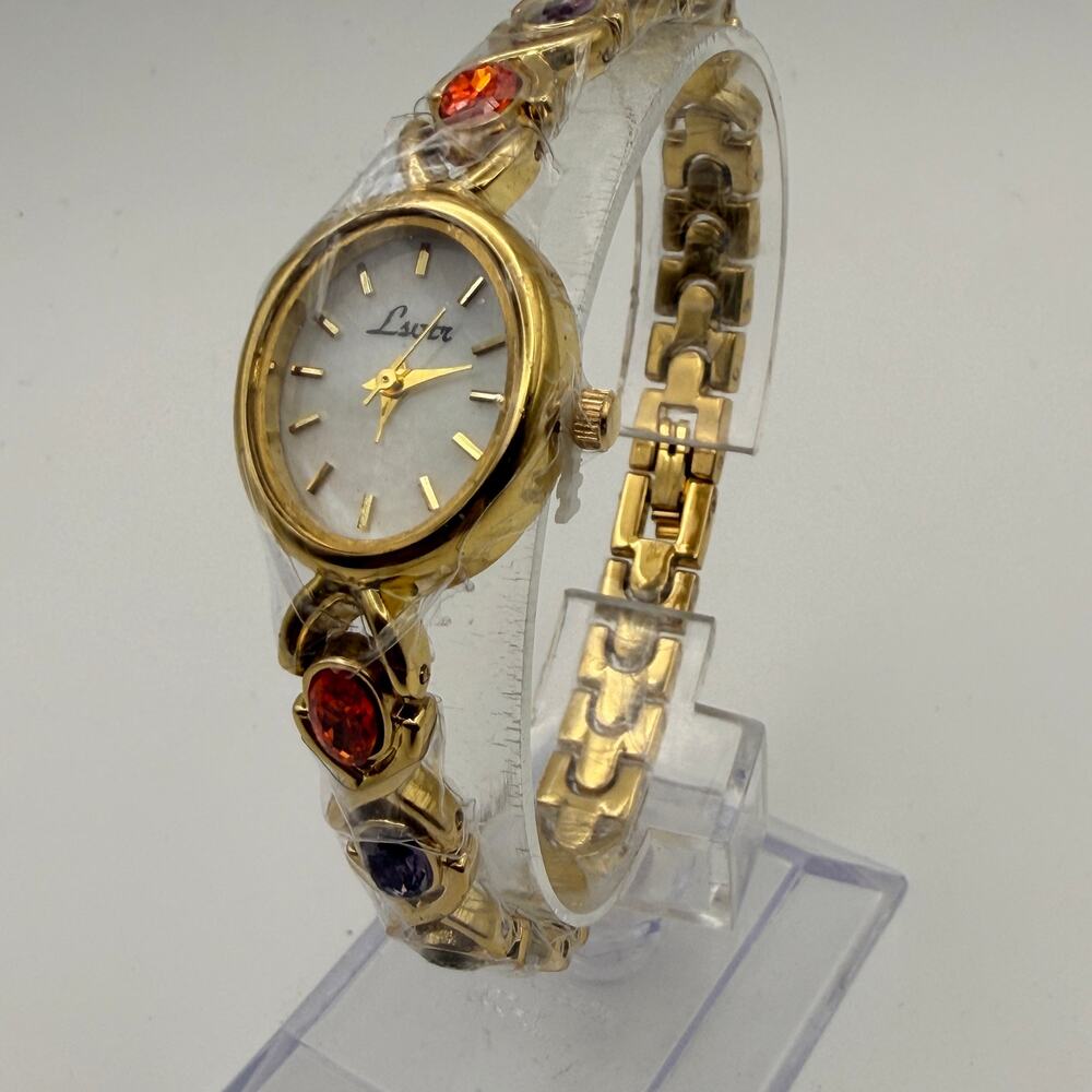 Elegant Gold-Tone Women's Bracelet Watch - Oval Dial & Gemstones New Battery